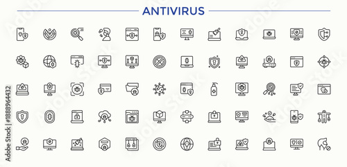 Set of Antivirus line icon. Pictograms of software, threat, safety, tech, security, anti, defense and more. Outline icons pack. Protect icon set. Editable stroke. Pixel Perfect.