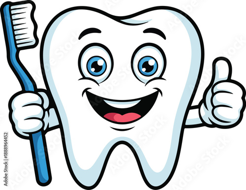 Cute Tooth Cartoon Illustration Set Smiling Mascot with Toothbrush