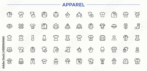 Apparel icon set in linear style. Vector icons collection. Suit line icon set. Includes symbols for cloth, fashion, wear, clothes, outfit, dress and more.