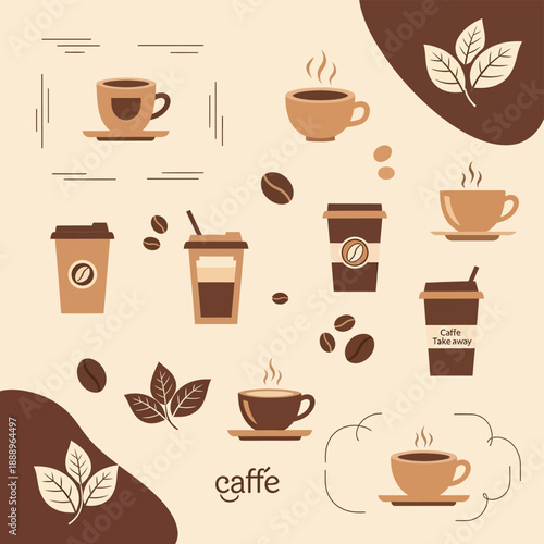 A stylized collection of various coffee cups, steaming mugs, takeaway containers, coffee beans, and tea leaves.