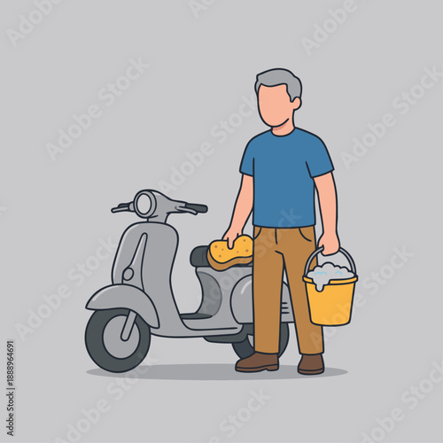 Man washing a scooter with a sponge and bucket.
