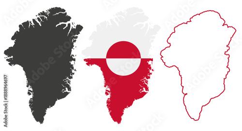 A detailed map of Greenland. Black silhouette, flag, and simple outline map with editable borders. Flat vector illustration isolated on white background.