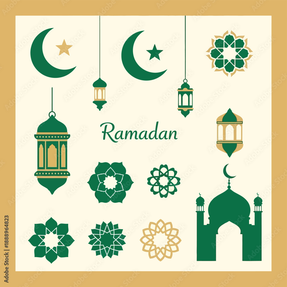 Fototapeta premium Elegant collection of Islamic symbols for Ramadan, including crescent moons, stars, traditional lanterns, a mosque silhouette, and intricate geometric patterns.