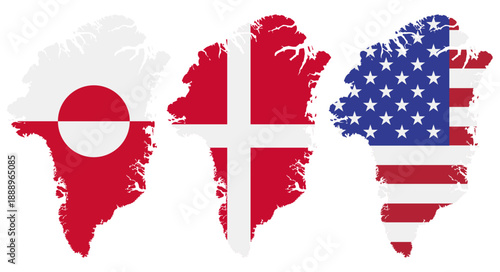 The Greenlandic dispute. A detailed map of Greenland with the American, Danish, and Greenlandic flags. Potential annexation of Greenland. Flat vector illustration isolated on white background.