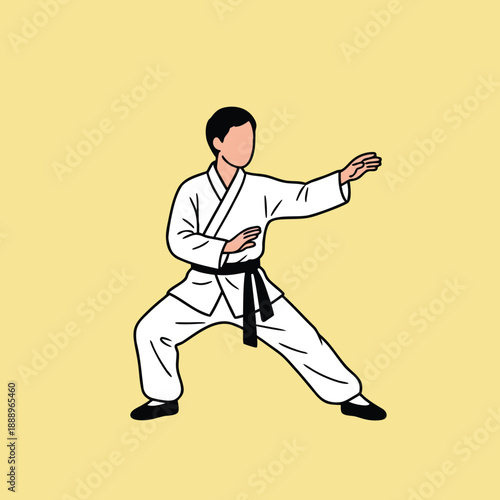 Martial arts practitioner in a white gi performing a defensive stance.