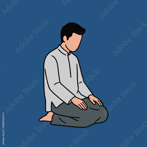 Muslim man praying, kneeling on the ground, facing down, in a state of devotion and worship.