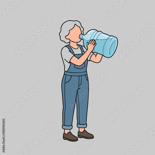 Person drinking from a large water bottle.