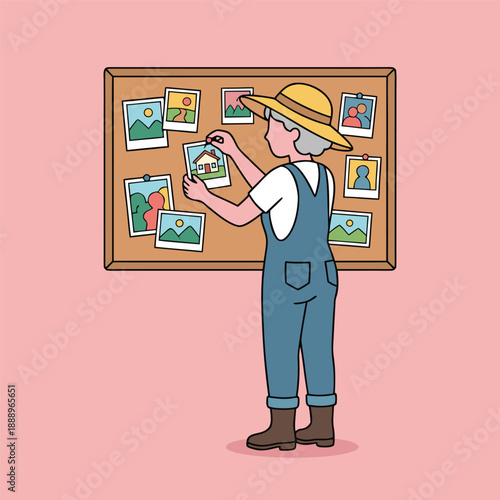 Person in overalls and straw hat pinning photos on a cork board.