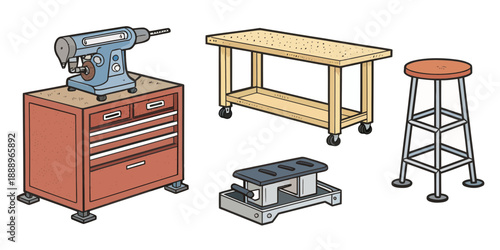Industrial Workshop Tools and Furniture Illustration