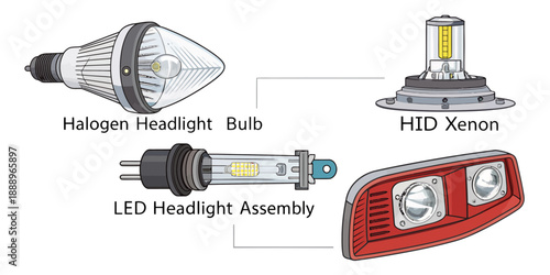 Car Headlight Bulbs and Assembly Components Diagram