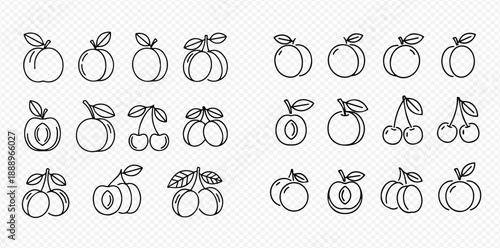 Set of outline icons featuring various fruits like peaches, plums, and cherries, perfect for healthy eating designs.