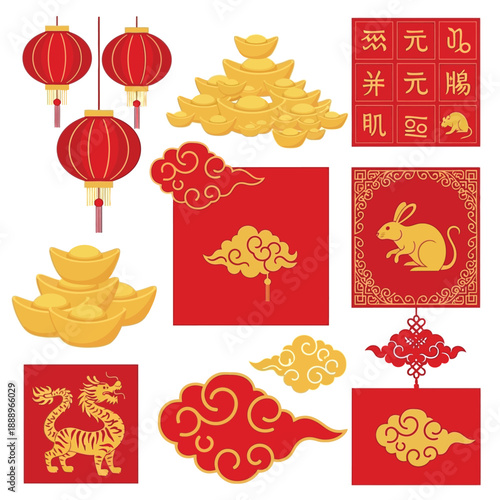 Vibrant Chinese New Year symbols: red lanterns, golden ingots, auspicious clouds, and zodiac animals for prosperity and celebration.