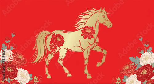 A wild black mustang stallion with a red ribbon in its mane runs across the farm in this stylized vector illustration of a powerful equestrian silhouette