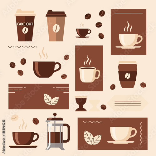 A flat design collection of various coffee elements, including cups, beans, and a French press.
