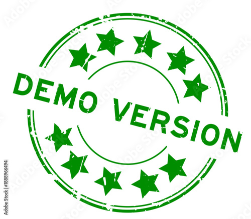 Grunge green demo version word round rubber seal stamp on white background