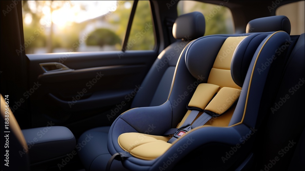 Fototapeta premium An interior view of a vehicle highlighting a safety child car seat designed for comfort, with its adjustable components and bright colors that attract children while ensuring their safety during