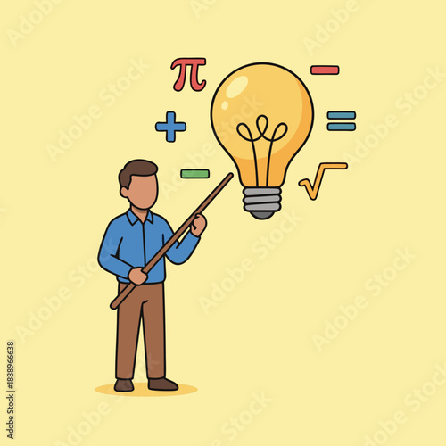 Teacher Explaining Math Concepts with Lightbulb Illustration.