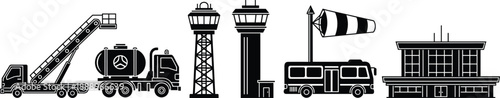 Airport ground service illustration set with control tower, terminal building, fuel truck, bus, windsock, black and white icons