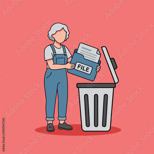Woman Deleting File into Trash Can.