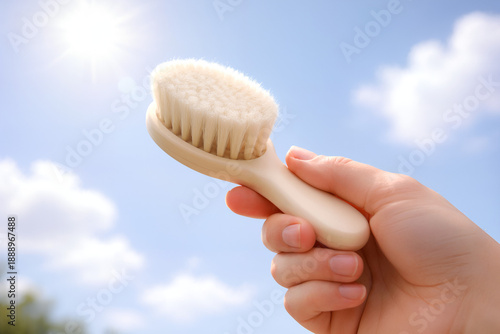 Gentle Brush in Hand: A close-up shot of a delicate brush held by a hand, bathed in natural sunlight against a clear blue sky, inviting a sense of gentle care and natural beauty.