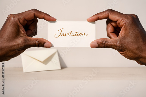 Invitation Unveiled: A pair of hands tenderly present an elegant invitation card, a beacon of anticipation, next to a matching envelope.