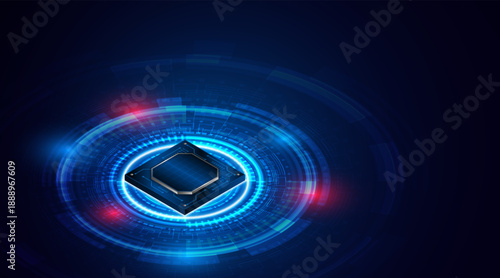 Microchip processor circuit board technology on dark blue background. Information Processing Concept. Circuit board hi-tech technology background. vector illustration