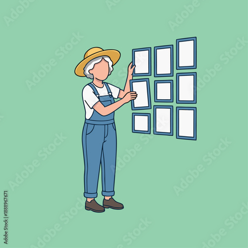 Woman in straw hat and overalls arranging picture frames on a wall.