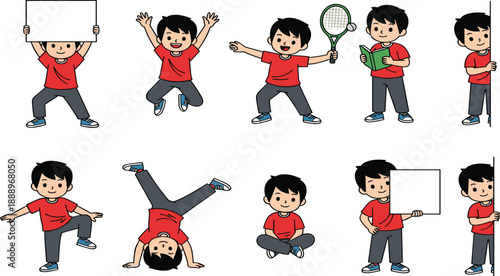 Set of Cute Cartoon Boy Character Poses Doing Various Activities Like Playing Tennis Reading Book Jumping Holding Blank Signs and Standing on His Head