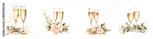 Set of watercolor wedding champagne glasses illustrations on a transparent background