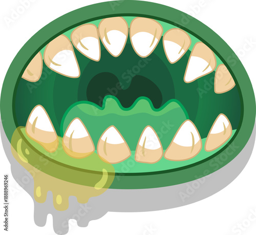 Cartoon illustration of a scary green monster mouth with sharp teeth and dripping slime, perfect for halloween or spooky themes