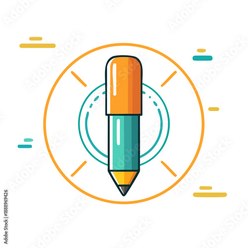 Pencil icon illustration within circular design surrounded by abstract shapes and lines