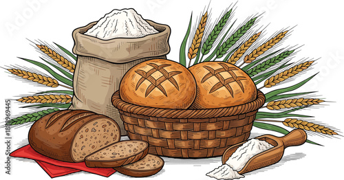 Assorted Artisan Bread In Wicker Basket With Sack Of Flour And Wheat Stalks Illustration Isolated On White For Bakery Shop Menu And Fresh Food Design