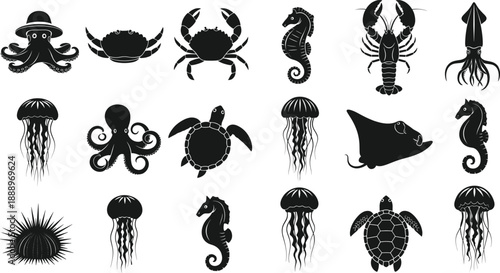 Marine animal silhouette icon set with octopus crab lobster jellyfish turtle stingray seahorse and squid flat vector illustration