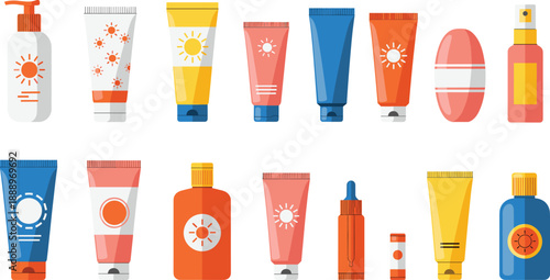 Sunscreen and sun protection cosmetic bottle set with lotion spray tubes and skincare containers summer flat vector illustration