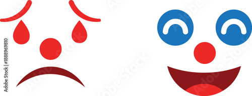 Sad and happy clown face emoji icons with tears smile red nose and colorful carnival expression flat vector illustration
