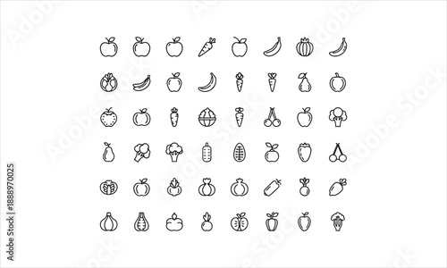 Fresh fruit and vegetable icons, including apples, bananas, carrots, and broccoli, perfect for healthy eating, grocery, and culinary designs.