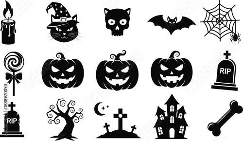 Halloween silhouette icon set with pumpkins bat skull spiderweb candle grave haunted house and spooky decorations flat vector illustration