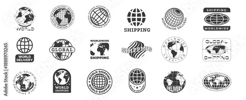 Worldwide shipping logo. World global delivery service badge with abstract planet map, international mail shipment icon flat linear style. Vector globe shipping icon set