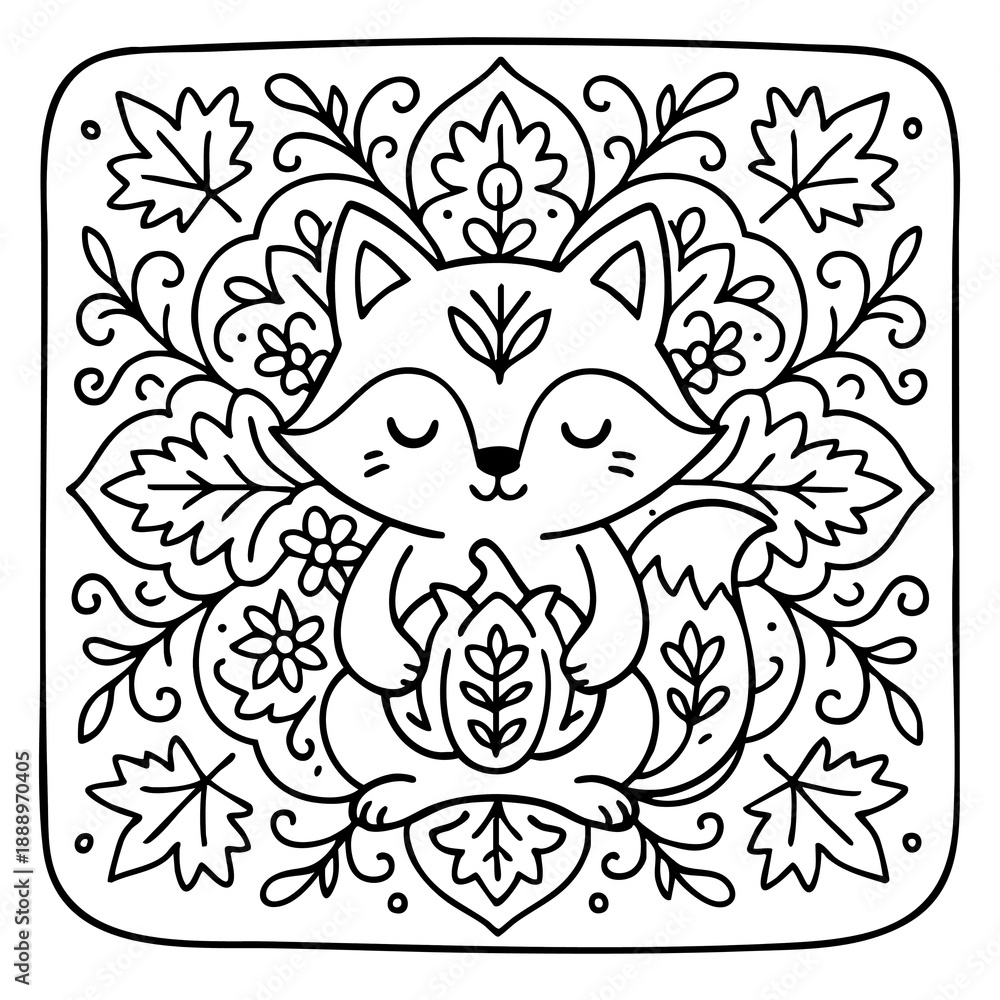 Fototapeta premium A whimsical black-and-white illustration of a fox surrounded by leaves and flowers, perfect for coloring or art projects.