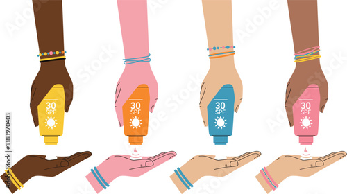 Diverse hands applying sunscreen lotion SPF thirty showing sun protection skincare concept on different skin tones flat vector illustration