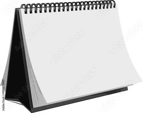 Blank desk spiral calendar mockup with white paper pages and black stand isolated on white background for appointment planning schedule and corporate branding design