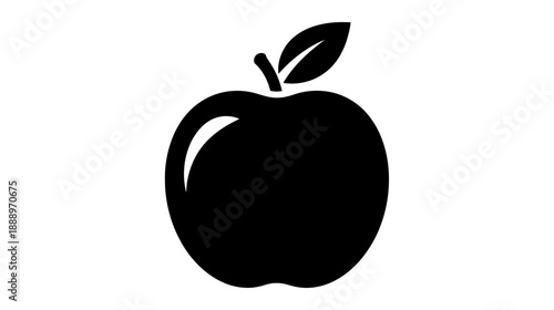 Black icon of an apple with a leaf, simple and clean graphic design