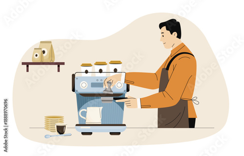 Barista brewing coffee using espresso machine with milk jug, cups and coffee bags on shelf. Coffee preparation. Beverage lifestyle. Flat cartoon style vector illustration