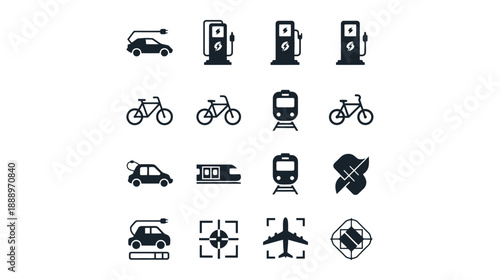 Set of Icons Representing Different Modes of Transportation and Energy Sources