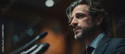 Serious professional man speaking into microphones with intense expression, delivering a public address in cinematic lighting and sharp detail.