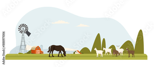 Farm animals, horse and goats grazing on green field. Barn, windmill, and hills in background. Rural landscape for agriculture or eco-themed designs. Flat vector illustration.