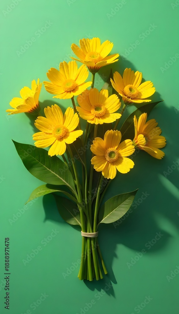 Fototapeta premium Yellow Flower Bouquet PNG – Bright Daisies with Green Leaves on Solid Green Background for Spring Decor