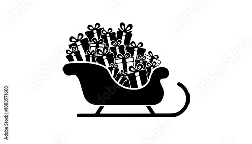 Santa's sleigh loaded with presents icon, a simple black vector silhouette of a traditional Christmas sled carrying wrapped gift boxes with bows
