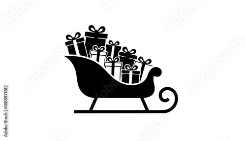 Santa's sleigh loaded with presents icon, a simple black vector silhouette of a traditional Christmas sled carrying wrapped gift boxes with bows
