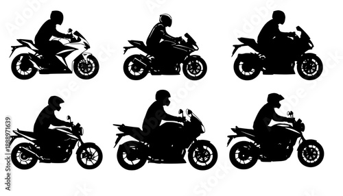 Silhouettes of motorcycles with riders in varied styles, sport bike, touring, cruiser designs, dynamic riding postures, creative transportation concept art